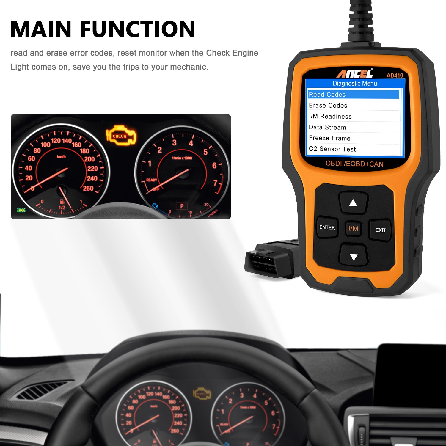 ANCEL AD410 Enhanced OBD II Vehicle Code Reader Automotive OBD2 Scanner Auto Check Engine Light Scan Tool (Black-Yellow)