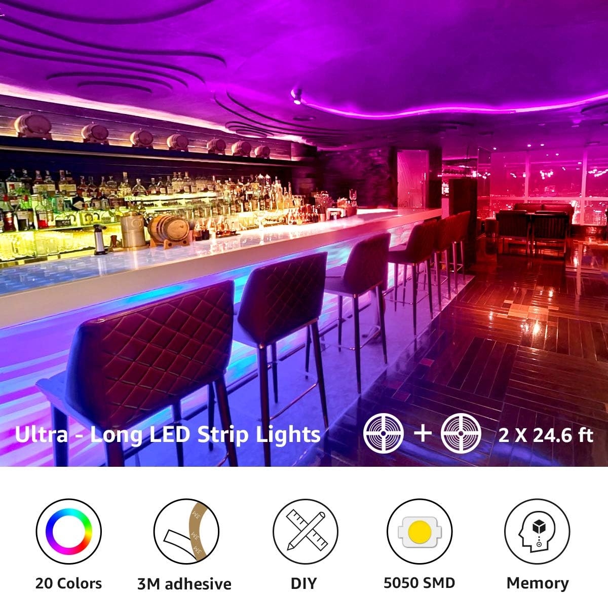 Lepro 50ft LED Strip Lights, Ultra-Long RGB 5050 LED Strips with Remote Controller and Fixing Clips, Color Changing Tape Light with 12V ETL Listed Adapter for Bedroom, Room, Kitchen, Bar(2 X 24.6FT): Home Improvement