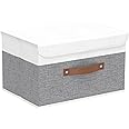 Yawinhe Collapsible Storage Bin, Cube Organizer Basket, Fabric Box with Lids, Washable and Leather Handle, for Home, Closet, White/Grey, 13.0''Lx9.0''Wx7.9''H, 1-Pack, SNK024WGS-1