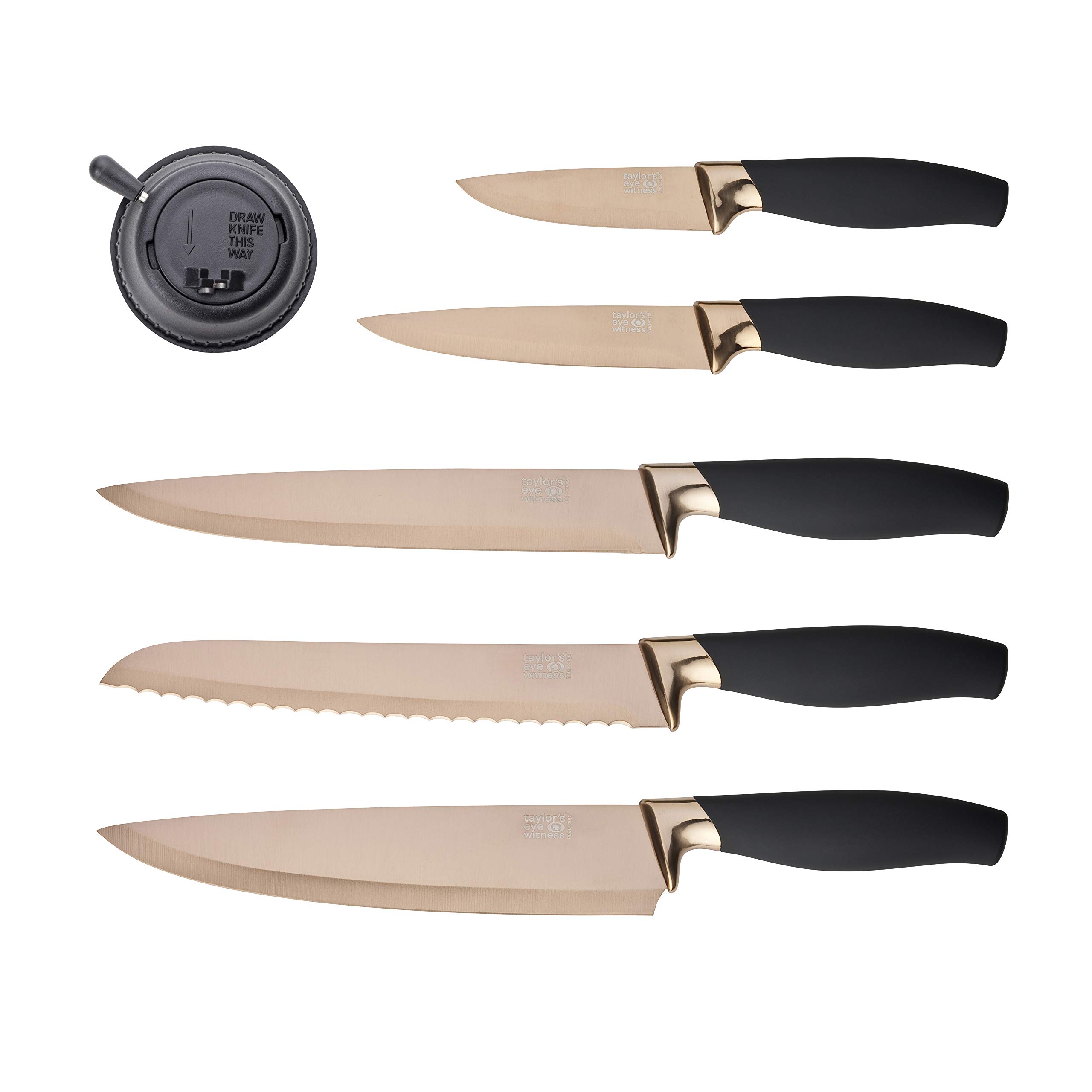 5pc Kitchen Knife Gift Set - Brooklyn Rose Gold Coloured Bolsters, Matching Razor Sharp Titanium Coated Blades. Soft Grip Handles. 2yr Peace of Mind. Extra Sharpener for Knives