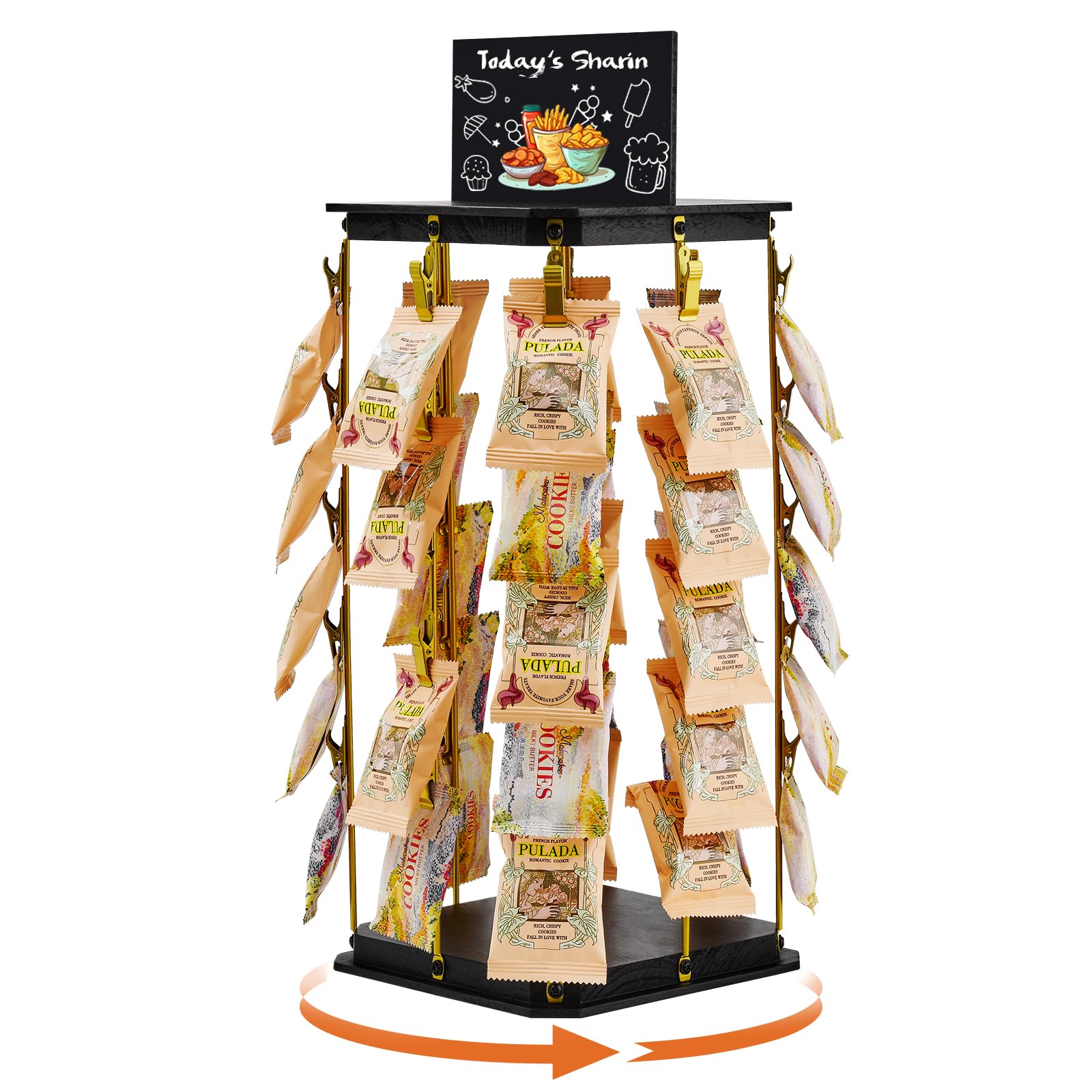 Photo 1 of Pinzoveco Chip Rack Display Stand, 5 Tiers 40 Clips Snack Organizer for Office Desk, 360° Rotating Wooden Base Chip Holder Candy Display for Concession Stand, Countertop, Party, With Message Board