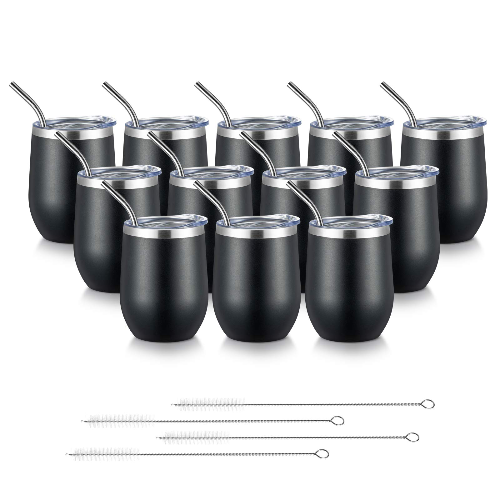 TUMZAK 12OZ/12 Pack Stainless Steel Wine Tumbler with Lid & Straw, Double Wall Vacuum Insulated Wine Cup for Coffee Wine Cocktails, Great Wine Glass Keep Drink Cold or Hot (Black, 12 Pack)