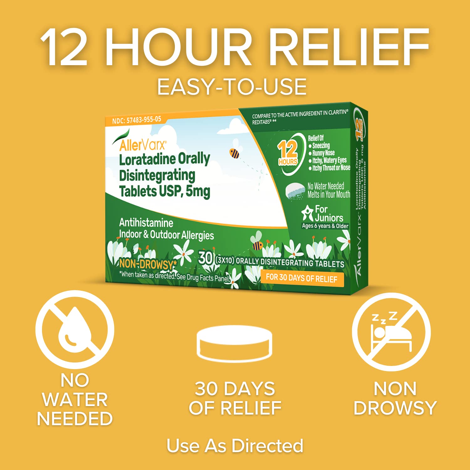 Allervarx 12-Hour Allergy Relief for Children, Loratadine Non-Drowsy Antihistamine Medicine | 5mg Orally Disintegrating Tablet, 30 Count (Pack of 1)