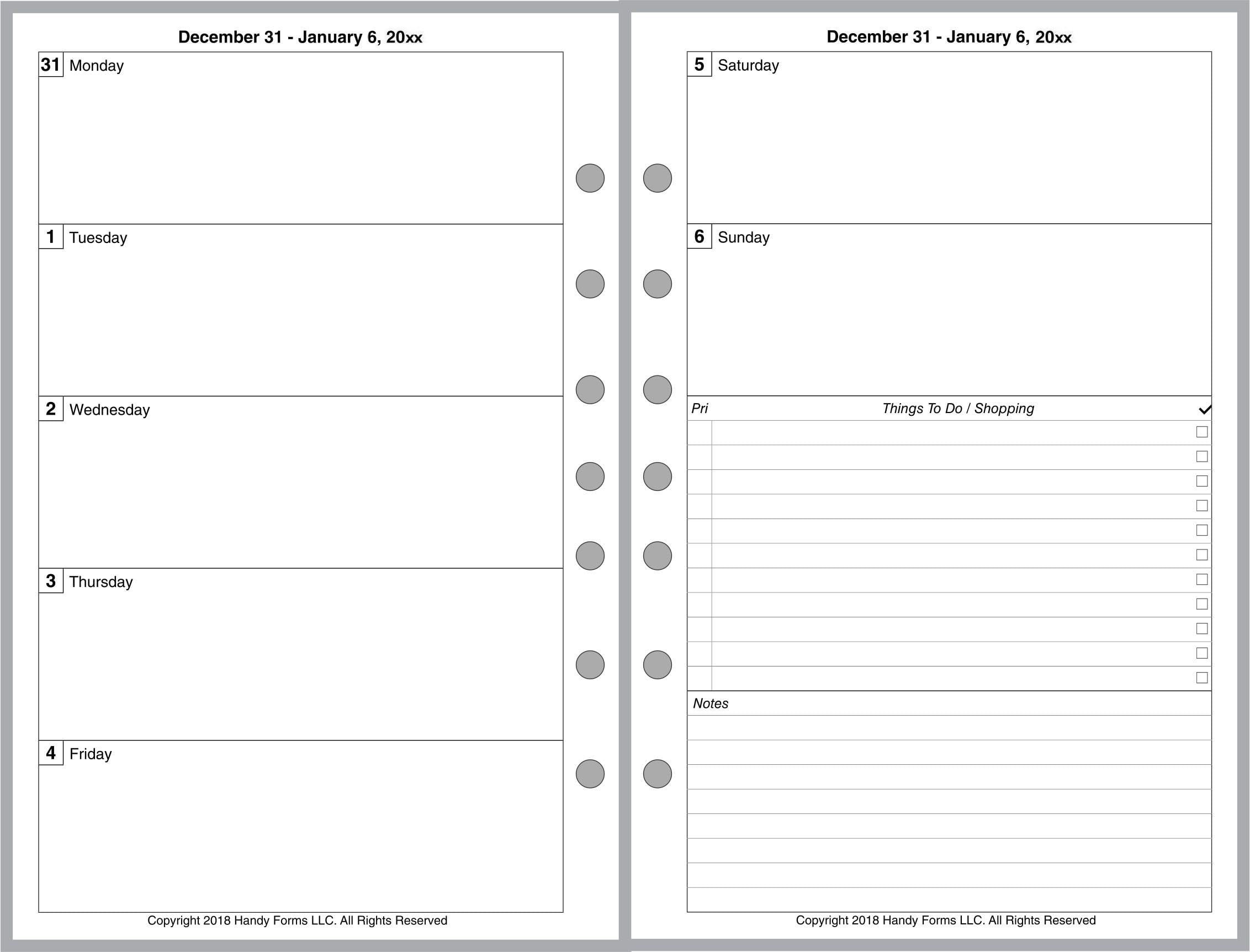 2020 Weekly Planner for 7-Ring Notebooks by Franklin-Covey, Day Runner, Day-Timer, and Others. 2 Pages Per Week, Week Starts on Monday. Style D, no Lines.