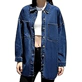 ACTIFORTERRAS Womens Oversized Denim Shirt Light Blue Button Down Shacket with Pockets Casual Top