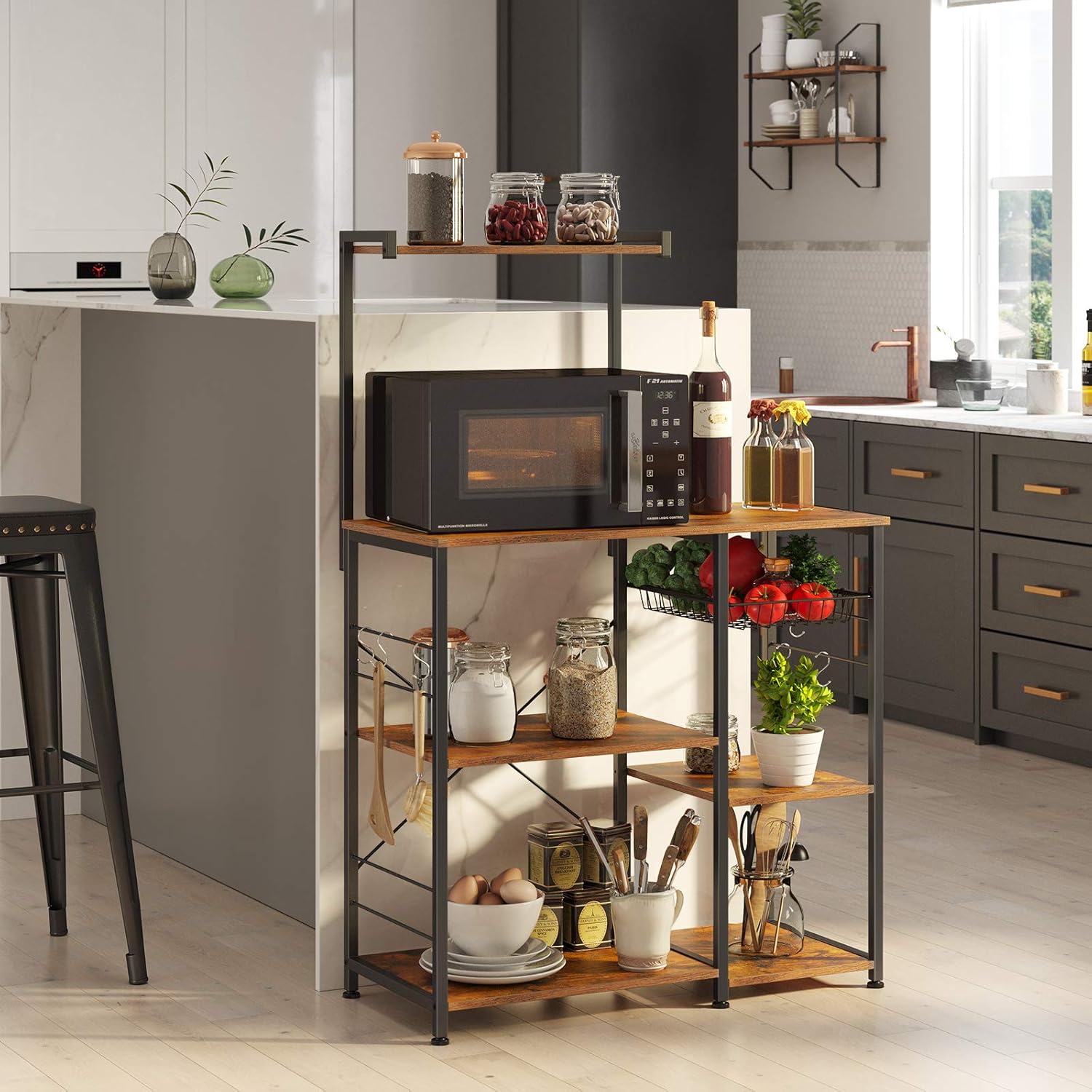 VASAGLE Baker’s Rack with Shelves, Kitchen Shelf with Wire Basket, 6 S-Hooks, Microwave Oven Stand, Utility Storage for Spices, Pots, and Pans, Rustic Brown and Black UKKS35X - Standing Baker's Racks