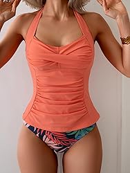 Eomenie Womens Halter Tankini Bathing Suit Ruched