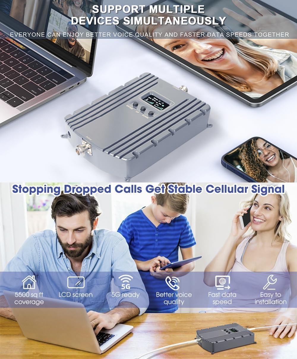 Cell Phone Booster for Home & Office,Up to 5500Sq Ft,Cell Phone Signal Booster for Band 2/25 / 4/66 / 5/12 / 17/13 with All U.S. Carriers,Boosts 5G 4G LTE, FCC Approved Cell Booster