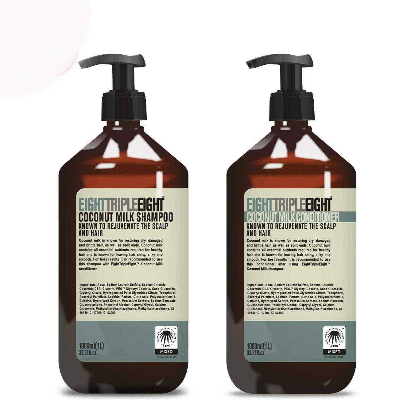 Eight Triple Eight Rejuvenating Coconut Milk 1x Shampoo & 1x Conditioner 1L - For Silky Smooth and Shiny Healthy Hair.