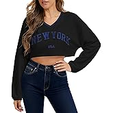 Remidoo Women's Embroidery Graphic Cropped Sweatshirt V Neck Loose Long Sleeve Crop Top