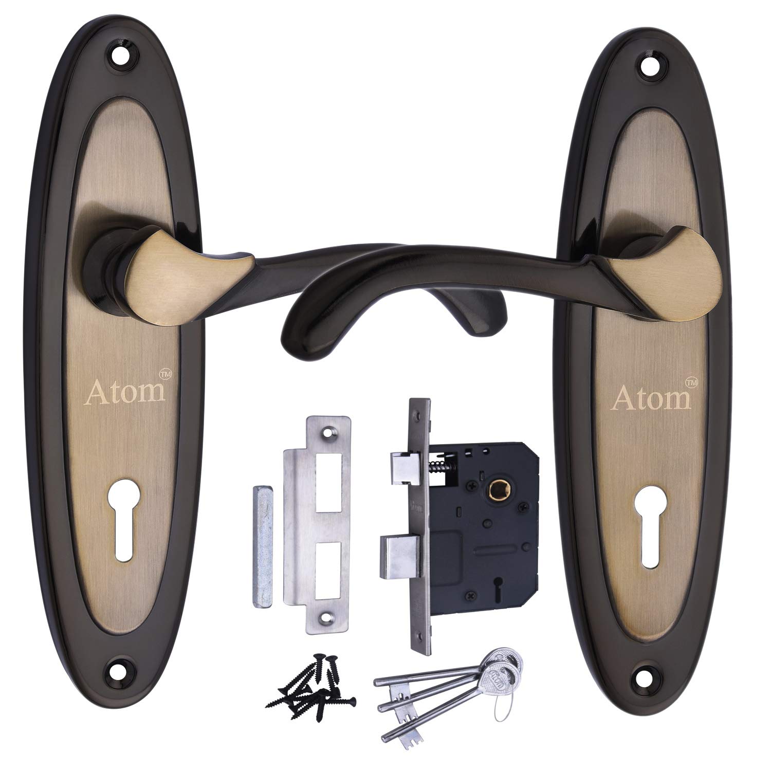 Atom 7 inches Mortise Door Handle Set with Lock Body Black Gold