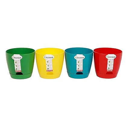 GREENON | 5.5 Round Self Water Plant ContainerGamlaPot | Pack of 4 | Multi-Colour | Reservoir Mechanism | Solid | Modern Decorative | UV Treated | Virgin Plastic| Best for Indoor & Balcony