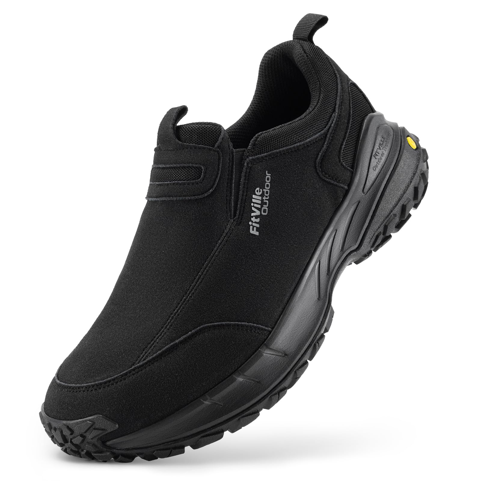 FitVille Wanderschuhe Herren Extra Breit Trekkingschuhe rutschfeste Outdoor Schuhe Atmungsaktiv Walkingschuhe Slip on Freizeitschuhe Weit Herren Sneaker mit Fußgewölbestütze Schwarz 46 EU Weit