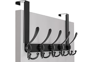 SKOLOO Over The Door Hook - for Doors up to 1-3/4'' Thickness, Metal Door Hanger with 5 Triple Hooks, Black Over The Door Hanger for Coats, Hats, Towels, Assembly Required