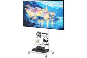 ECOTINY Rolling TV Stand with Versatile Storage Pegboard for 37-75 inch TVs up to 154lbs, Height Adjustable Mobile TV Stand with Storage Shelves, Tilt Swivel TV Cart Max VESA 600x400mm, White