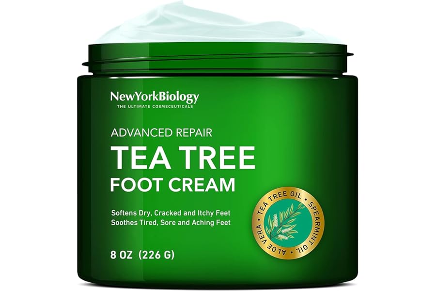 New York Biology Tea Tree Oil Foot Cream for Dry Cracked Feet, Athletes Foot, Nail Fungus, Jock Itch, Ringworm, Cracked Heels and Itchy Skin – Foot Cream – 8 oz
