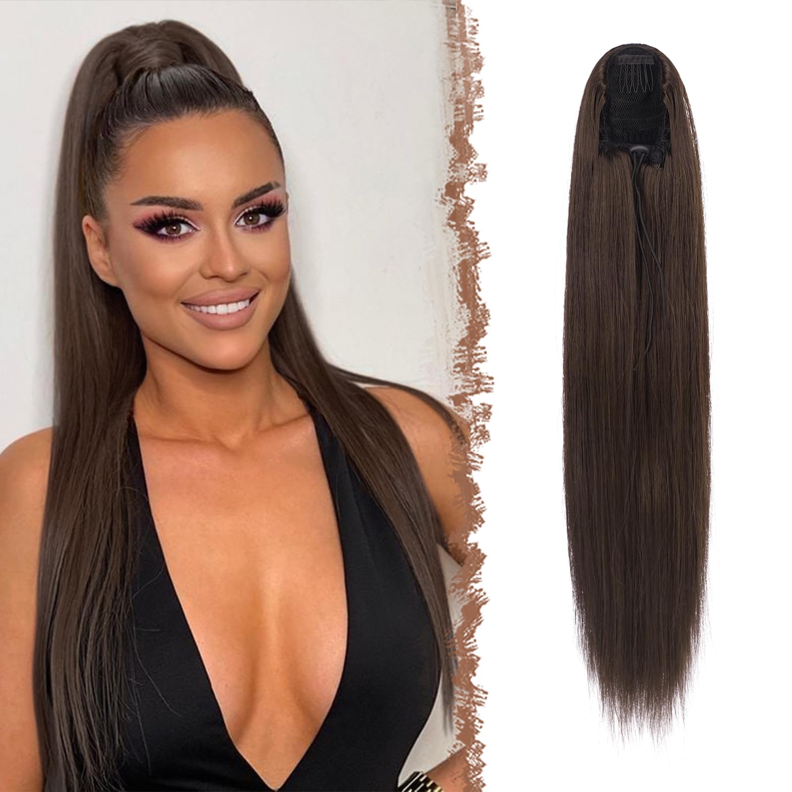 FESHFEN Straight Drawstring Ponytail Extension Natural Synthetic Long Pony Tails Hairpieces Clip in Ponytails Extensions for Women Girls, Light Brown 24 inch โ image 1