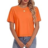 YUCOLEN Women's Crop Tops Summer Short Sleeve Cotton UPF 50+ Round Neck Casual Loose Cropped T-Shirts Solid Basic Tees
