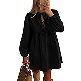 BTFBM Women's Casual Short Dress 2026 Bow Tie Front Puff Long Sleeve Button A Line Cute Y2K Going Out Dresses Pockets