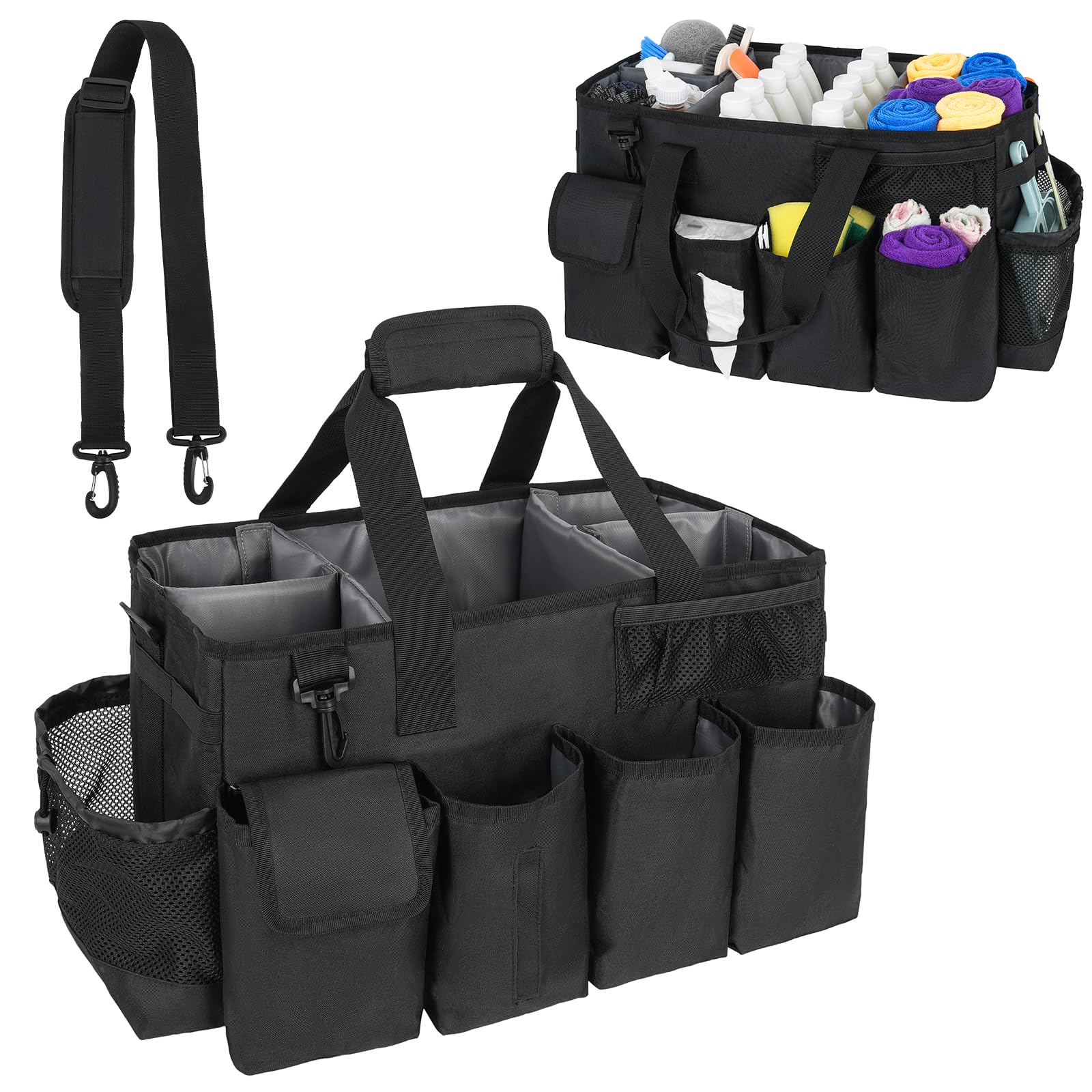 IVODEELA Cleaning Caddy with Handle,Cleaning Organiser,Multifunctional Cleaners Bag with Detachable Thick Dividers,Adjustable Shoulder Straps for Cleaning Supplies,Home,Car,Garden,XL,Black