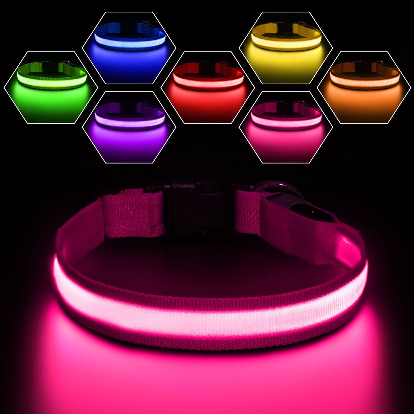PcEoTllar Light Up Dog Collar - Rechargeable Flashing LED for Night, Adjustable for Small Medium Large Dogs, Waterproof 7 Colors, Pink(9 Modes)