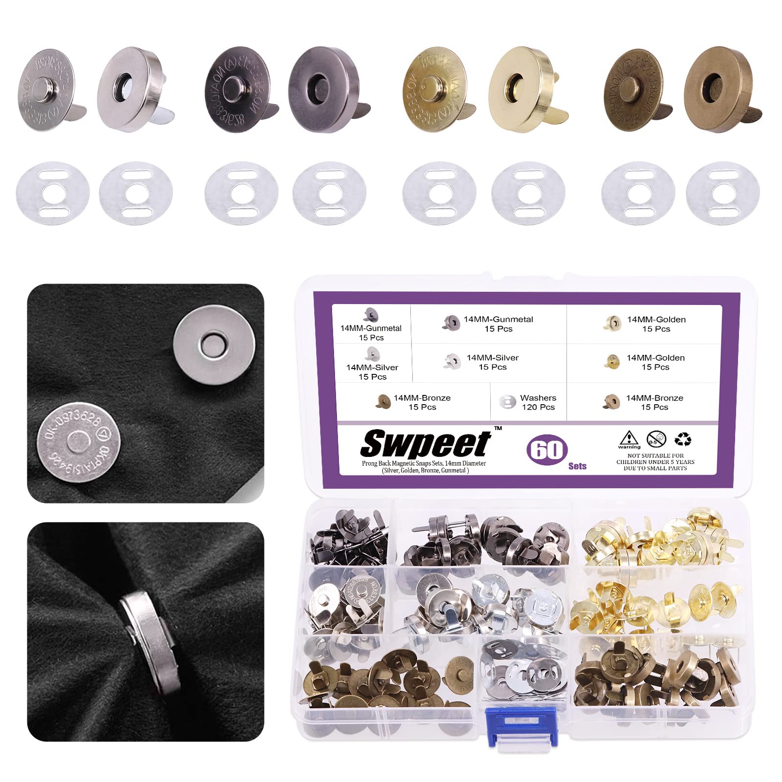 Swpeet 60 Sets Magnetic Button Clasps Snaps, 14MM Metal Fastener Clasps Gold Silver Bronze Black DIY Craft Sewing Knitting Buttons Sets for Sewing, Purses, Bags, Clothes, Leather