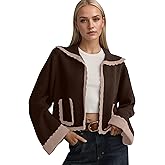 Ythomm Womens Scallop Lapel Collar Knit Cardigan Sweaters Color Block Long Bell Sleeve Open Front Fall Sweaters with Pockets
