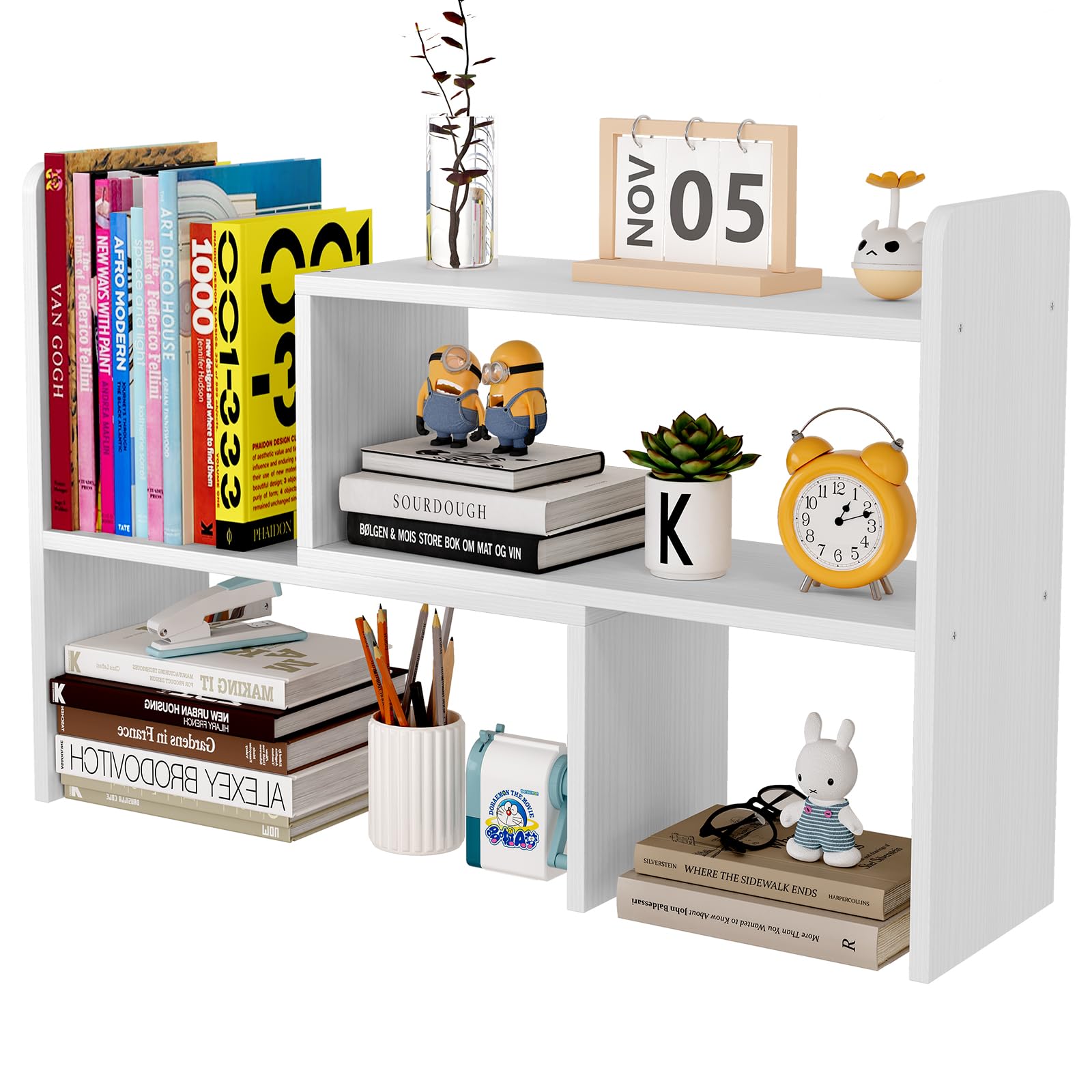 EasyPAG Wood Desk Shelves Adjustable Desktop Bookshelf Freestanding Home and Office Supplies Storage Display Shelf Desk Tidy Organiser,White