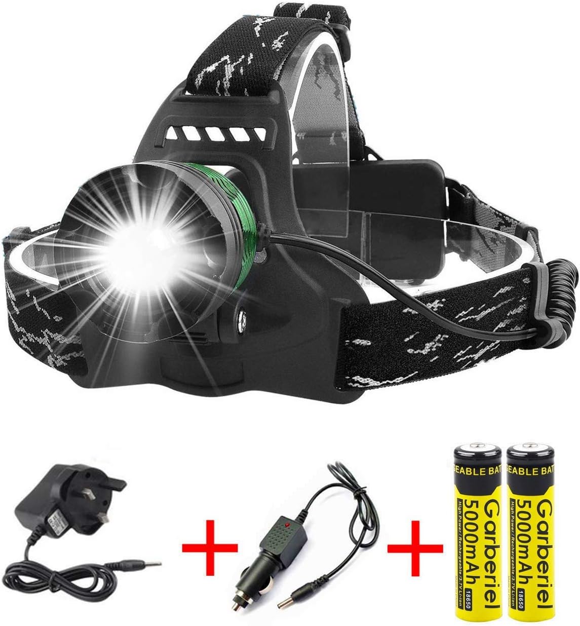 Garberiel LED Headlamp Rechargeable 3000 Lumens 3 Modes Adjustable Focus Waterproof Rechargeable Head Torch Light for Hiking Hunting Camping Outdoor, Battery Included