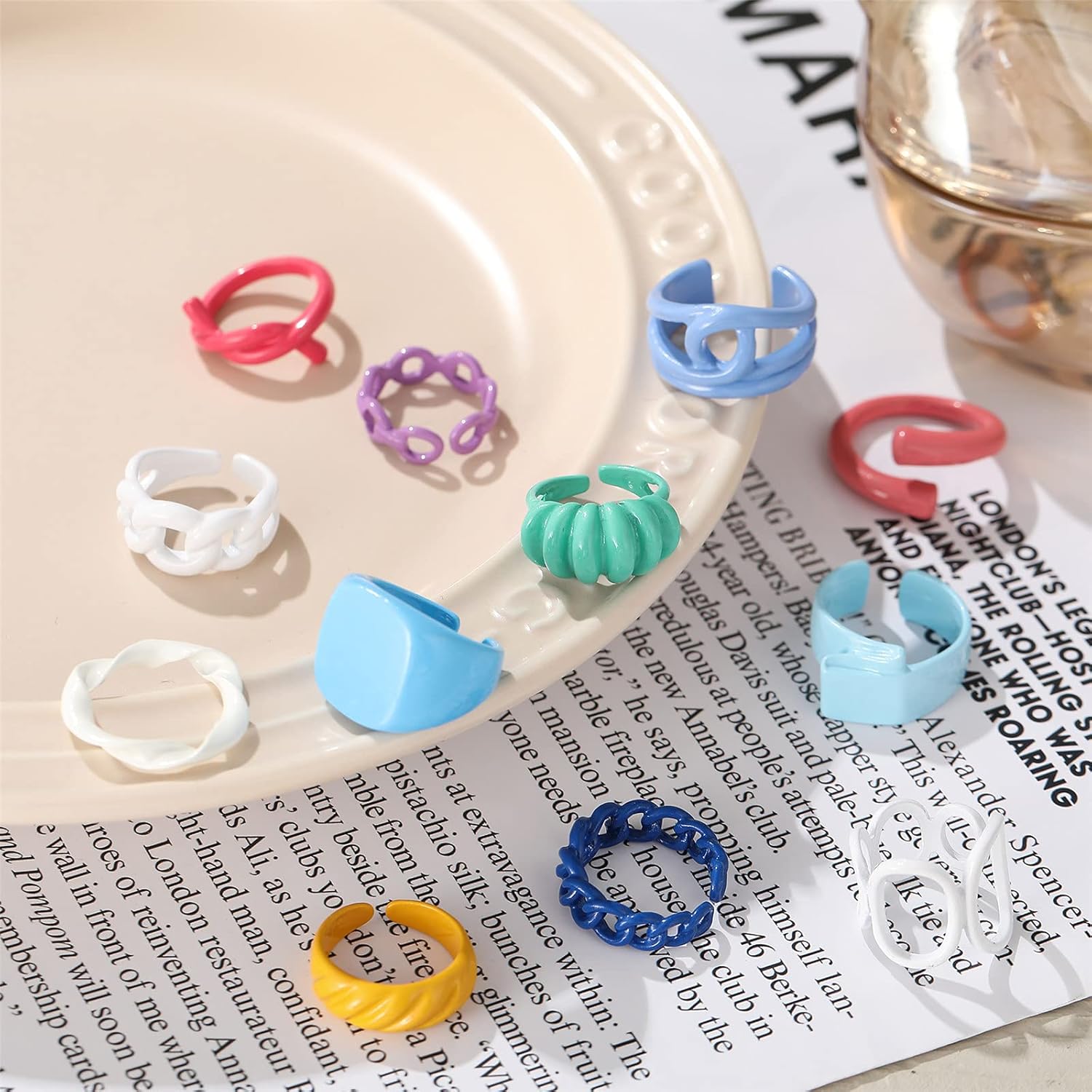 Chunky Colorful Rings, 12 Pcs Trendy Resin Open Stackable Finger Knuckle Rings for Women/Men (Color 1): Clothing