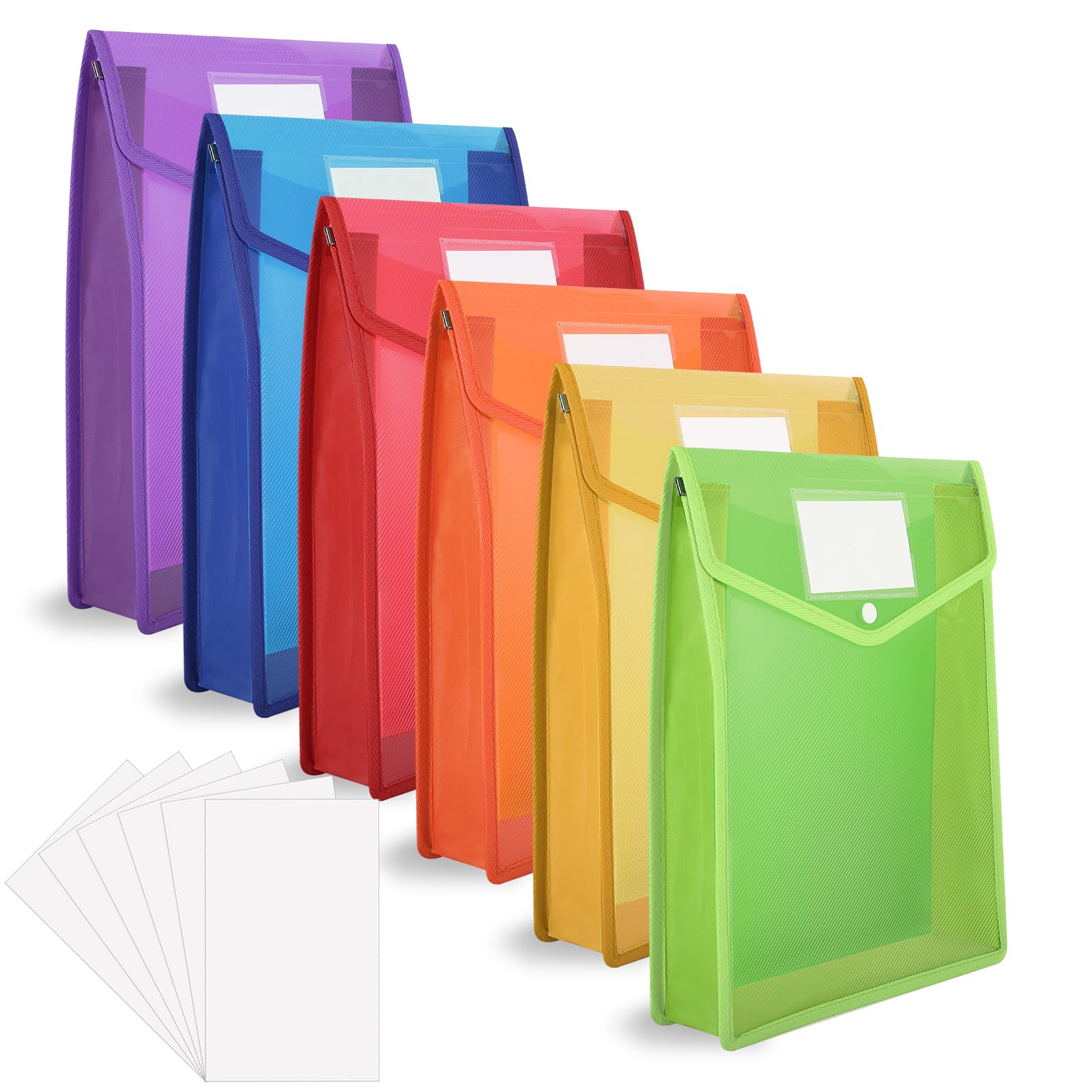 A4 Plastic Wallets, 6 Pcs Plastic Folders Popper Wallet Document Pockets Envelope File Folder withButton Closure Card Slot for School Office Home, Blue,Green,Orange,Purple,Red