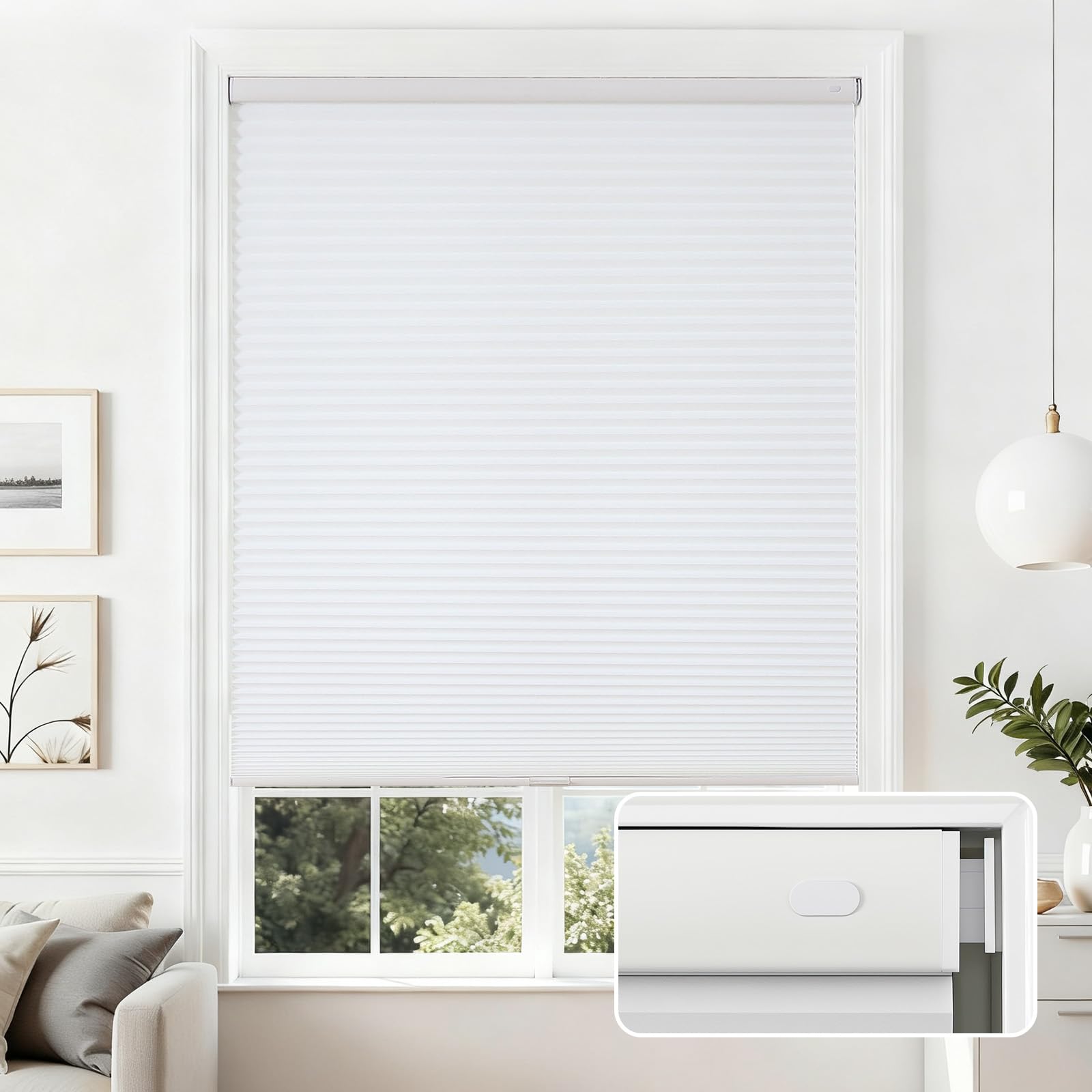 Photo 1 of Joydeco No Tools No Drill Cordless Cellular Shades, Light Filtering Honeycomb Blinds for Indoor Windows, Thermal Insulating & Noise Reducing (White, 80" W x 96" H)