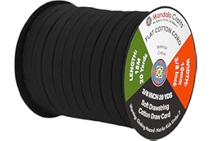 Mandala Crafts Black Flat Drawstring Cord Replacement, 3/8 Inch 20 YDs Black Soft Drawstring Cotton Draw Cord Hoodie Sweatpants Drawcord Replacement