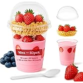 16oz Parfait Cups with Inserts, Lids and Spoons – Set of 50 Clear Plastic Cups with No-Hole Dome Lids, Comes with Insert and 