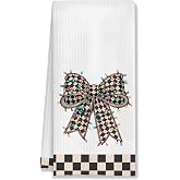 HUGANE Black and White Checkered Christmas Kitchen Towels, Coquette Christmas Lights Bow Decorative Hand Towel for Bathroom, Preppy Retro Xmas Dish Tea Towels for Kitchen, 16x24 Inches
