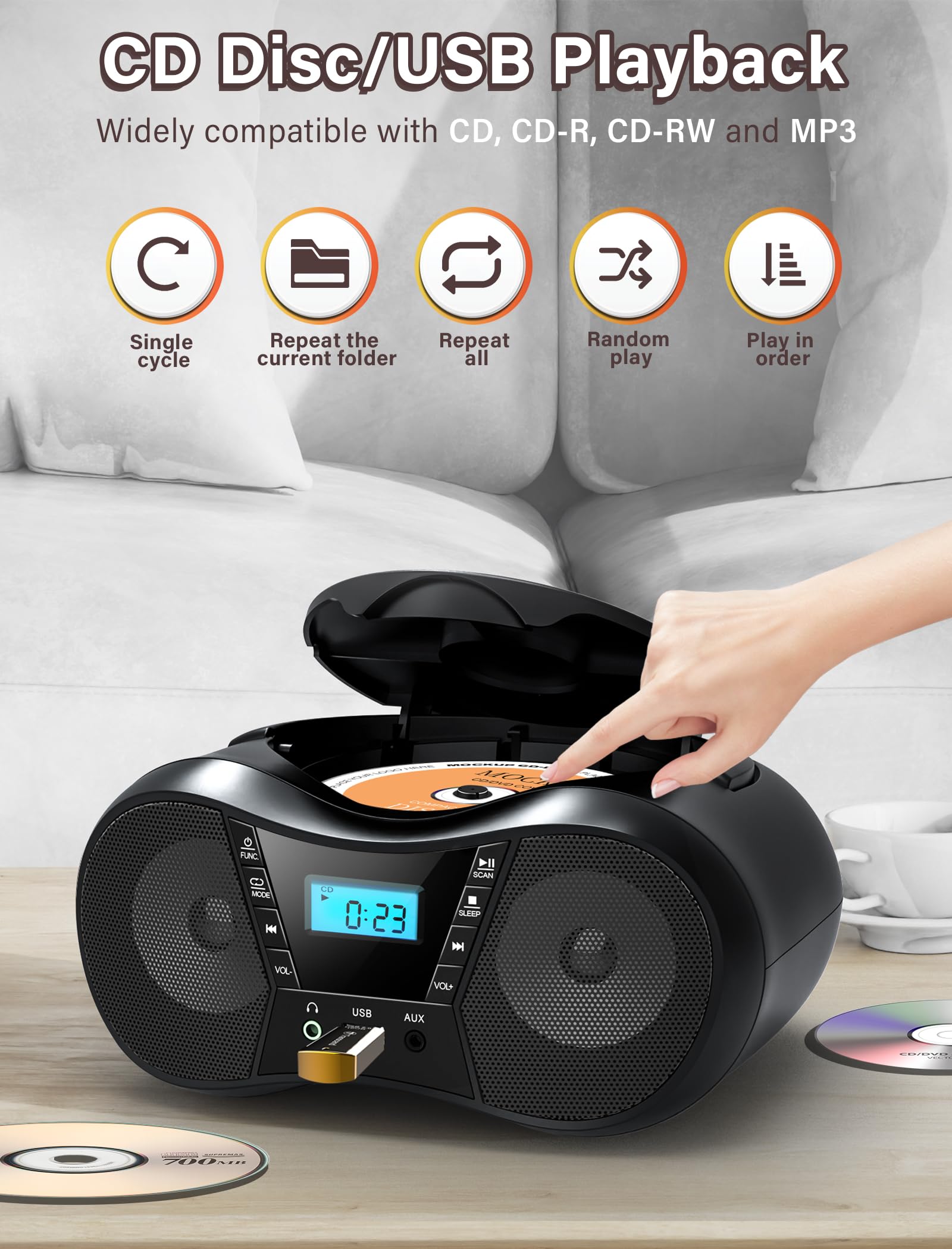 Greadio Boombox Portable CD Players for Home with Bluetooth, Boom Box CD Player FM Radio Combo, Stereo Sound, AC/Battery Powered, CD/CD-R/RW Compatible, Support AUX/USB/Headphone, Timer, Repeatable