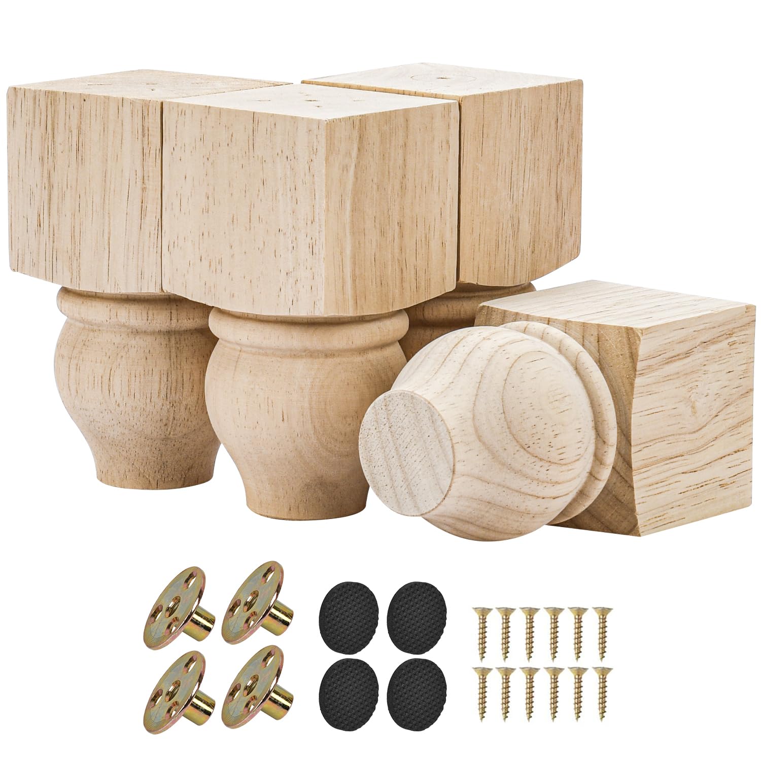 TCHOSUZ 5 Inch Wooden Furniture Legs, Pack of 4 - Unfinished Solid Wood Bun Feet with M8 Hanger Bolts & T-Nuts for DIY Installation - Furniture Replacement & Riser for Sofa Cabinet Ottoman Dresser