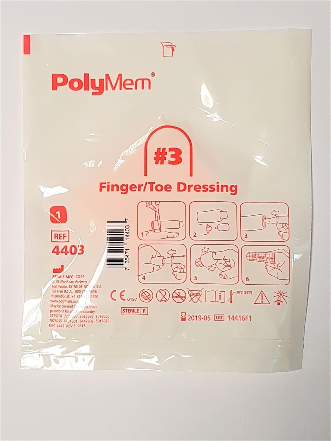PolyMem Finger/Toe Wound Dressing, Sterile, Foam, 3 large