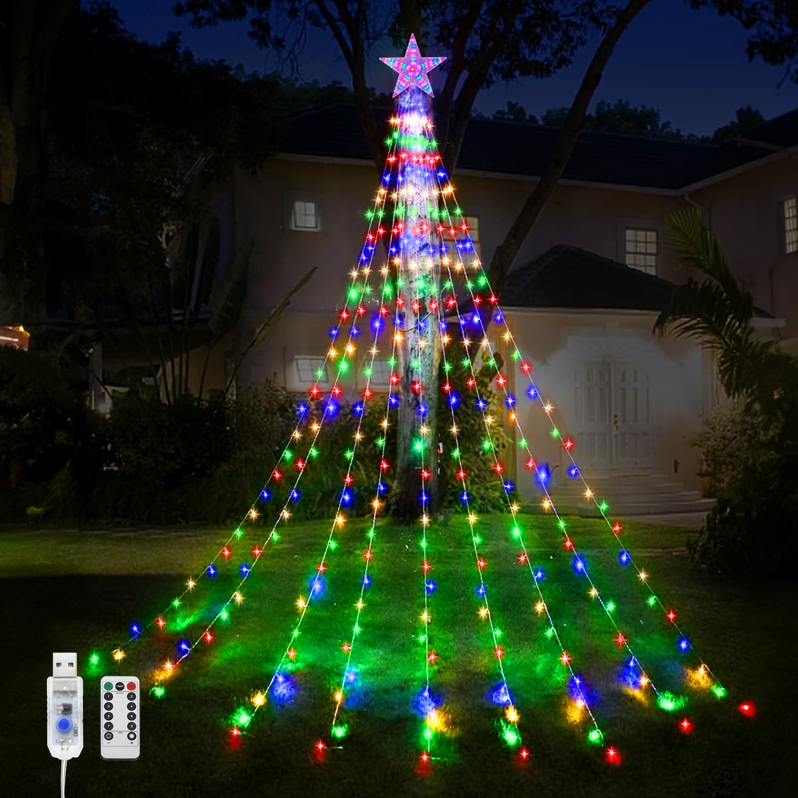 WoskjXas Christmas Tree Waterfall Lights, 2m/ 6.56ft x 9 Lines USB String Light with Topper Star and Remote, 198 LEDs Waterproof Fairy Lights with 8 Lighting Modes for Indoor Outdoor Xmas Decor