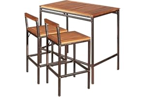 RELAX4LIFE 3-Piece Outdoor Bar Table Set, PE Rattan Wicker Bar Height Dining Table w/Acacia Wood Top & 2 Bar Stools Chairs w/Backrest Footrest, 3PCS Patio Bistro Set for Backyard Porch Poolside Garden