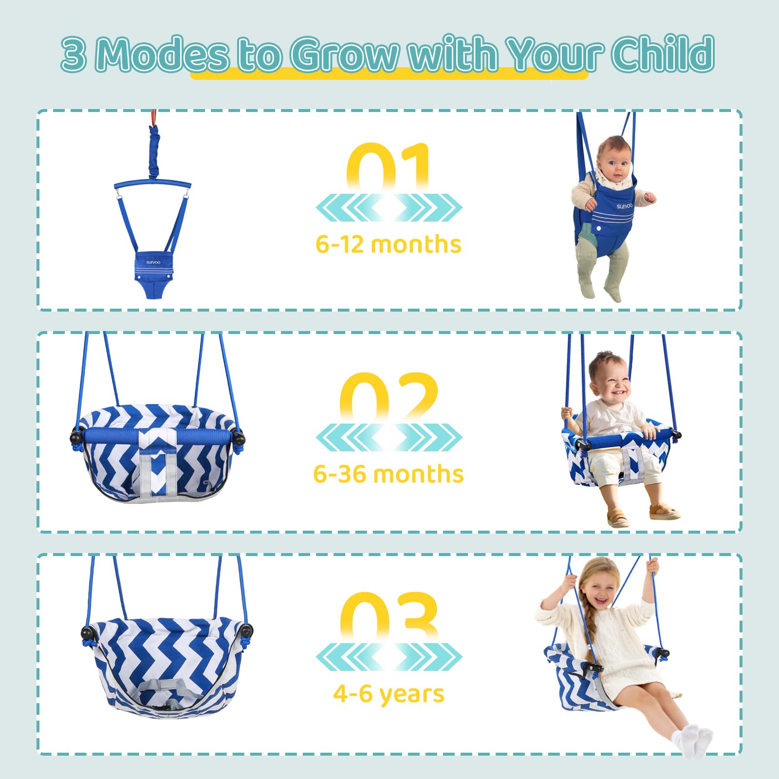Slevoo 2 in 1 Baby Jumper and Swing, Toddler Swing Set with Foldable Stand, Ages 6 Months to 6 Years, for Indoor and Outdoor Fun, Blue
