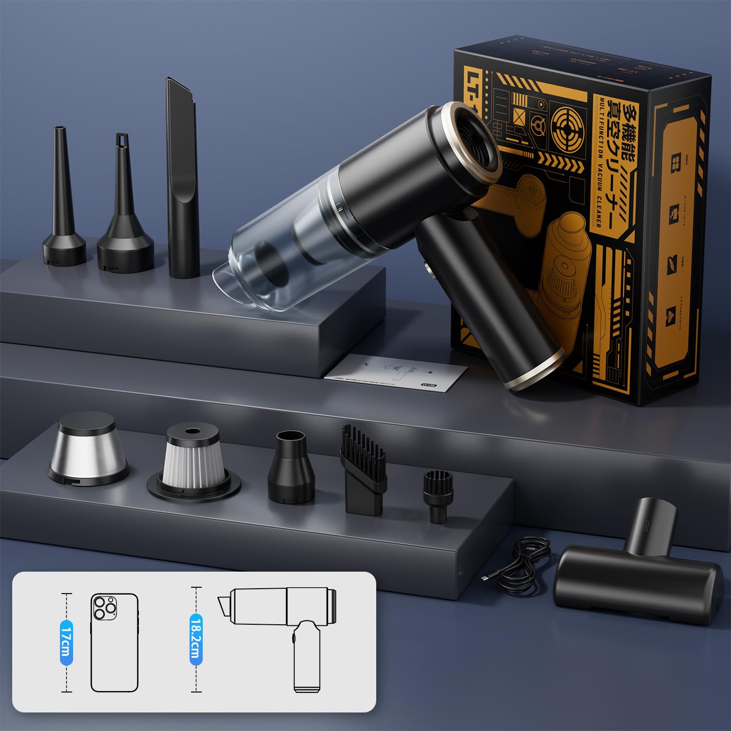 [2024 New Item] Multi-functional Car Vacuum Cleaner, Cordless, 15,000 Pa, Strong Suction Power [Blow/Suction/Air Pump/Air Release] Handy Cleaner, Type-C Rapid Charging, 4,000 mAh, Small Vacuum