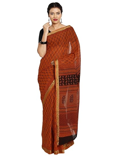 Finest Quality Cotton - Handmade Orange and Black Booti with Zari border - Bagh Block Print Saree with Blouse Piece