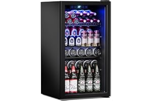 Manastin Beverage Refrigerator Cooler-120 Cans Freestanding Mini Fridge Cooler with Glass Door, Adjustable Shelves & Digital Temperature Display for Soda, Wine or Beer (Black, 3.2 Cu.Ft)