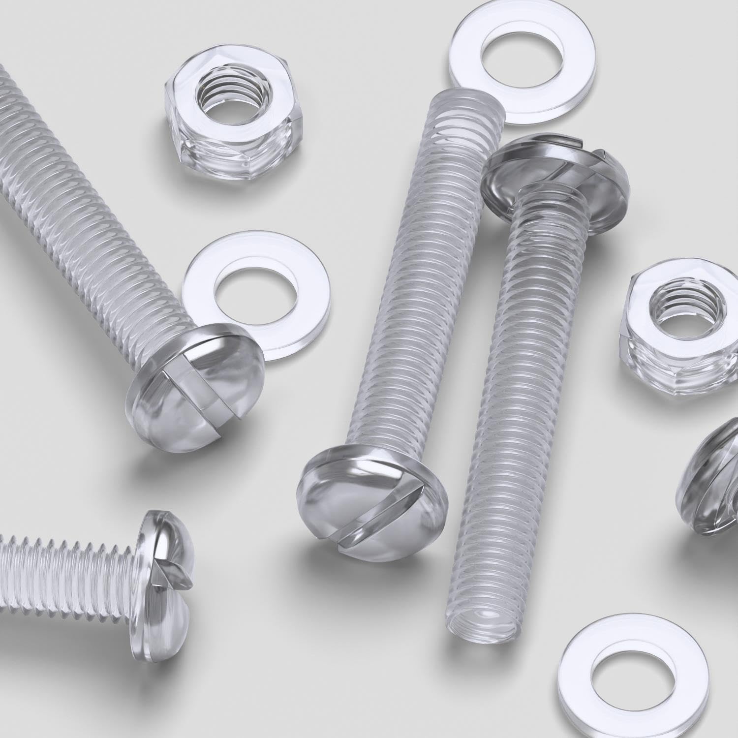 20x Transparent Clear M6 x 40mm Slotted Head Bolts, Nuts, Washers -Acrylic Plastic Screws