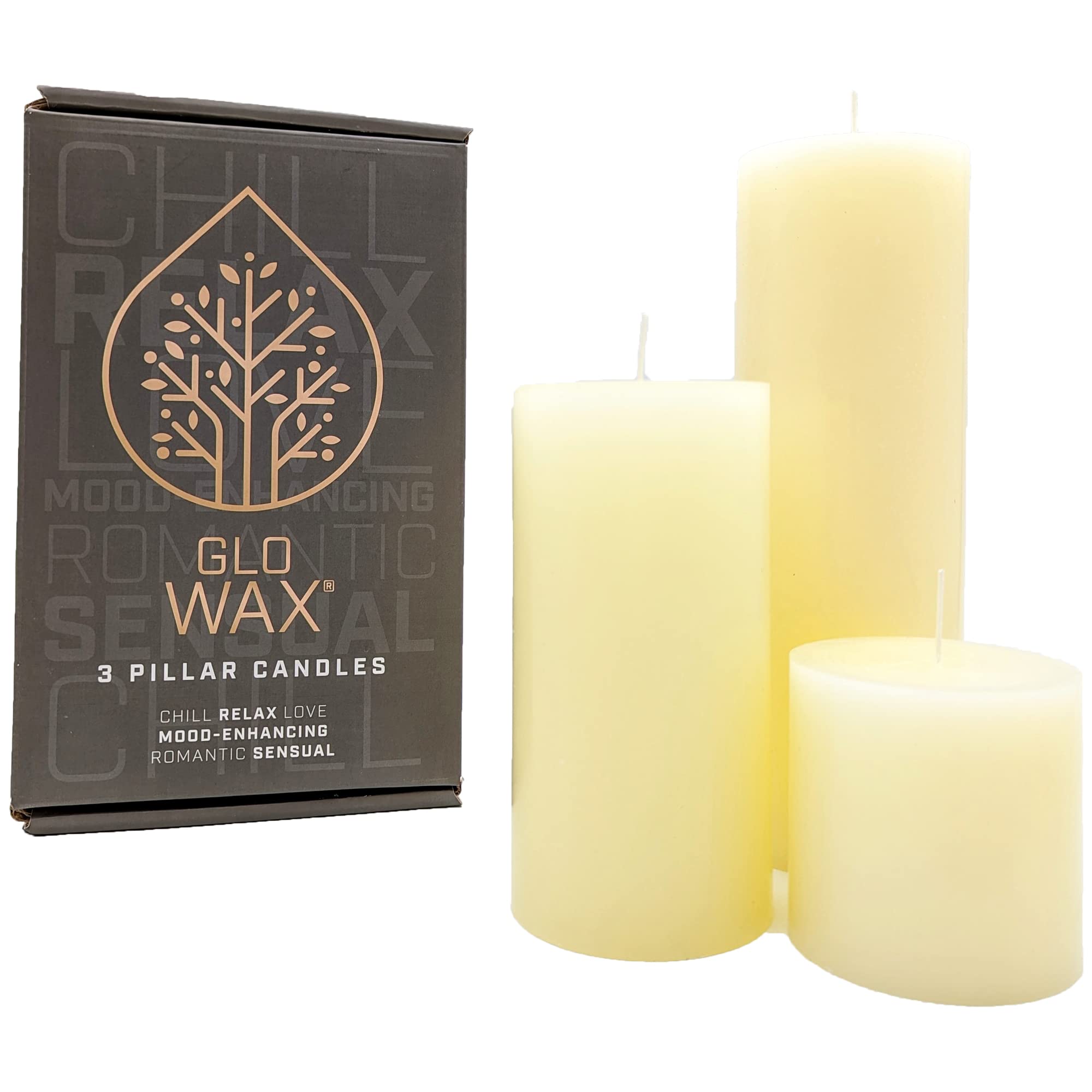 Glo Wax Pillar Candle Decorative Candles Unscented Non-Drip Candles Ideal for Wedding or Gifts Home Décor Church Candles Mood-Enhancing (Set of 3)