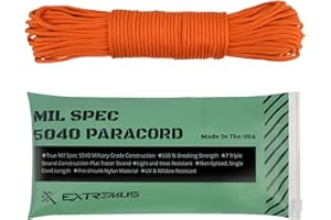 Extremus True Mil Spec 5040 Paracord, Made in The USA, Military Grade 550 lbs Breaking Strength, 7 Twisted Nylon Strands Plus Tracer Strand, UV Resistant, Color Fast, Orange, 25 feet