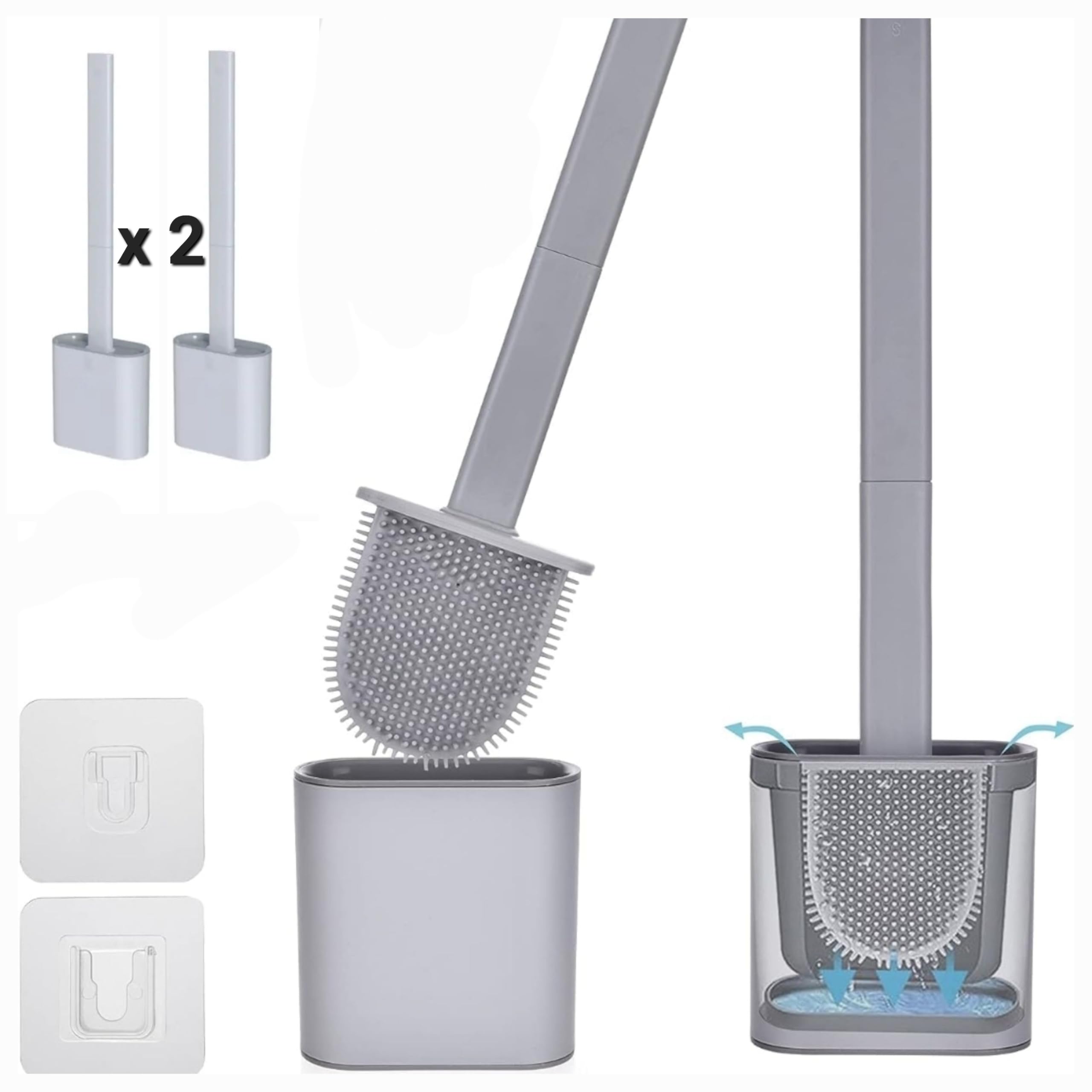 KWIK CLEAN Silicone Toilet Brush & Holder-Grey Flexible Toilet Bowl Cleaner, Hygenic, Anti-Drip, Quick Dry, Non-Scratch Bathroom Cleaning Brush, Slim Space Saving Toilet Brush Set -2 Pack