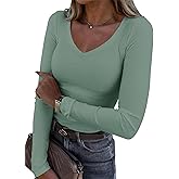 Roselux Womens Long Sleeve V Neck Ribbed Knit Fitted Casual Tops Tee Slim Basic Shirt