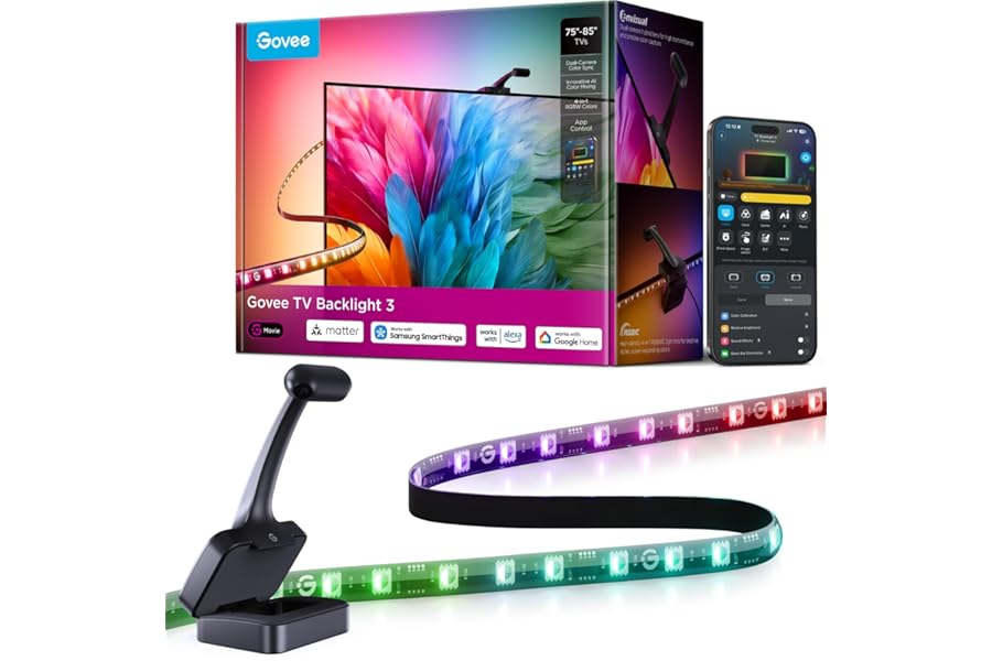 Govee TV Backlight 3 with Dual 4MP Lens, 16.4ft RGBWIC LED Strip Lights Sync to Screen for 75-85 inch TVs, 60 LEDs/m, Smart A